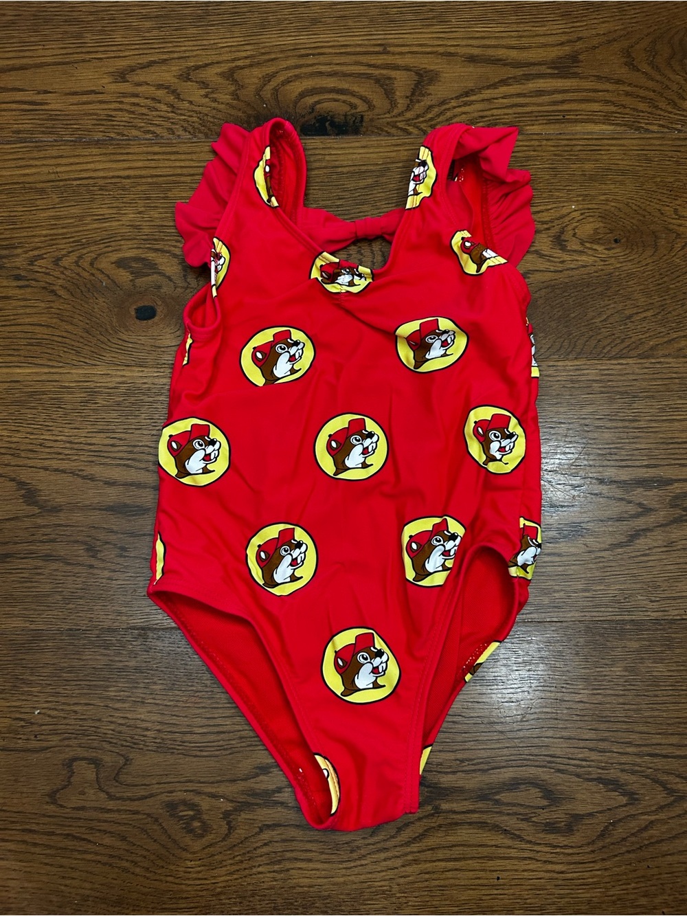 Red Buc-Ees One-Piece Swim Suit with Cartoon